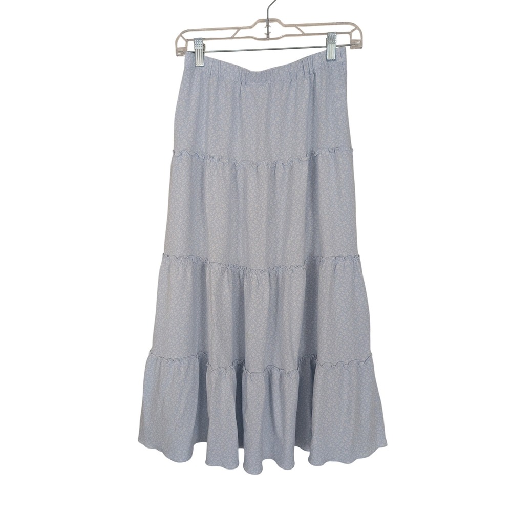 John Galt Brandy Melville Floral Tiered Maxi Skirt Blue White Lettuce Edge OS